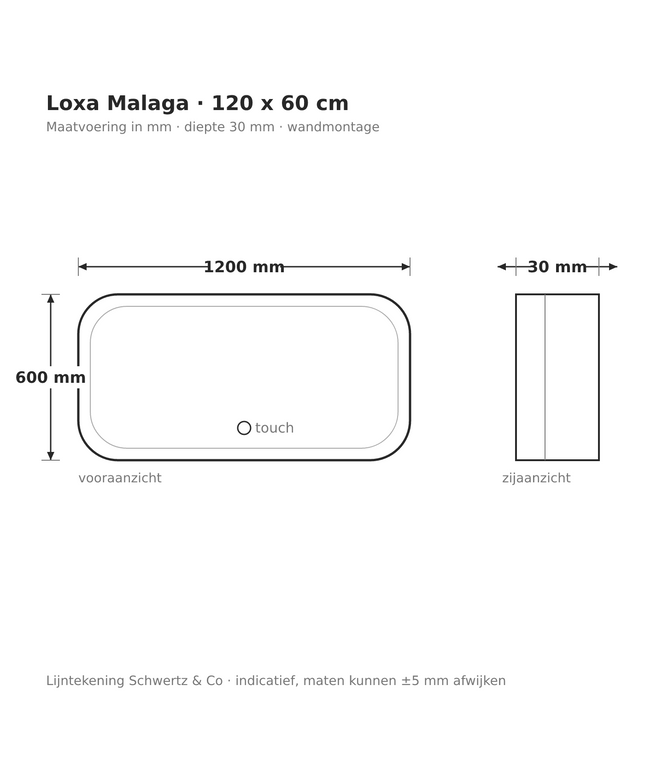 Lijntekening Loxa Malaga LED Spiegel 120 x 60 cm - Rechthoek - maatvoering in mm