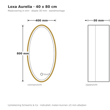 Lijntekening Loxa Aurelia Ovale LED Spiegel 40 x 80 cm - Gouden Lijst - maatvoering in mm