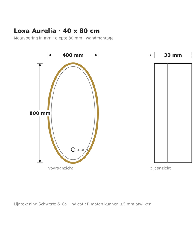 Lijntekening Loxa Aurelia Ovale LED Spiegel 40 x 80 cm - Gouden Lijst - maatvoering in mm