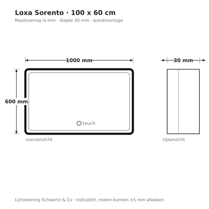 Lijntekening Loxa Sorento LED Spiegel 100 x 60 cm - Rechthoek, Zwarte Lijst - maatvoering in mm