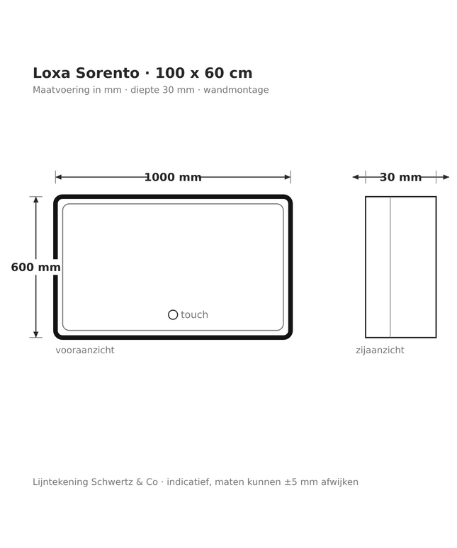 Lijntekening Loxa Sorento LED Spiegel 100 x 60 cm - Rechthoek, Zwarte Lijst - maatvoering in mm