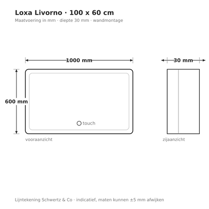 Lijntekening Loxa Livorno LED Spiegel 100 x 60 cm - Rechthoek - maatvoering in mm