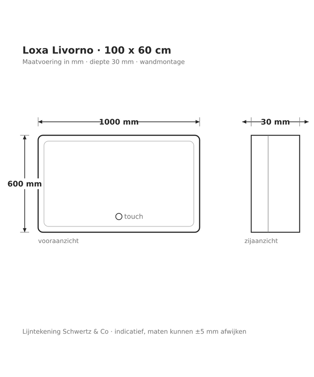 Lijntekening Loxa Livorno LED Spiegel 100 x 60 cm - Rechthoek - maatvoering in mm