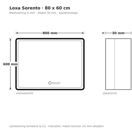Lijntekening Loxa Sorento LED Spiegel 80 x 60 cm - Rechthoek, Zwarte Lijst - maatvoering in mm