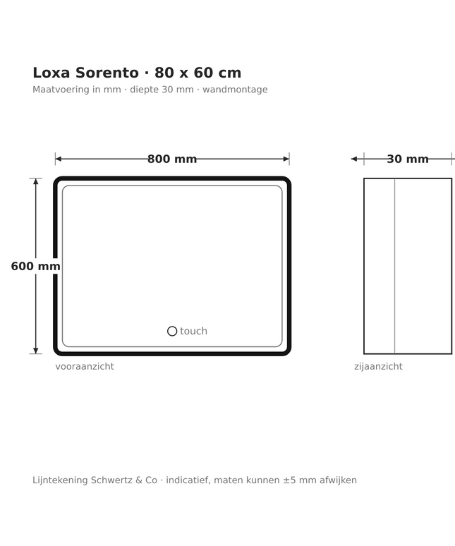 Lijntekening Loxa Sorento LED Spiegel 80 x 60 cm - Rechthoek, Zwarte Lijst - maatvoering in mm