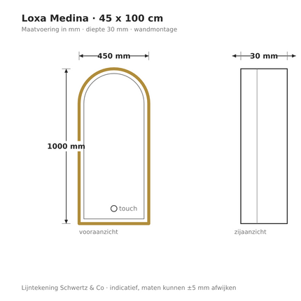 Lijntekening Loxa Medina LED Spiegel 45 x 100 cm - Boogvorm, Gouden Lijst - maatvoering in mm