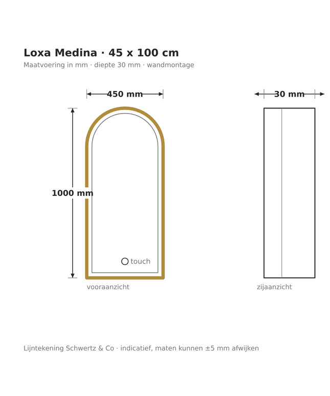 Lijntekening Loxa Medina LED Spiegel 45 x 100 cm - Boogvorm, Gouden Lijst - maatvoering in mm