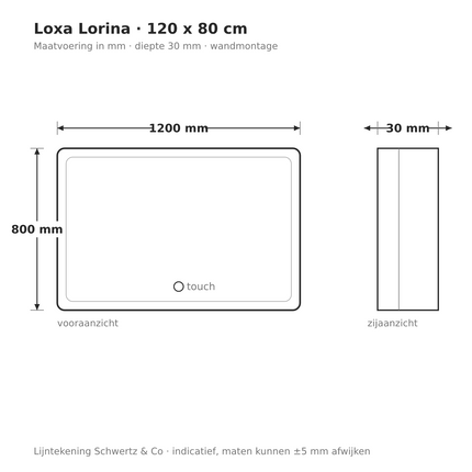 Lijntekening Loxa Lorina LED Spiegel 120 x 80 cm - Rechthoek - maatvoering in mm