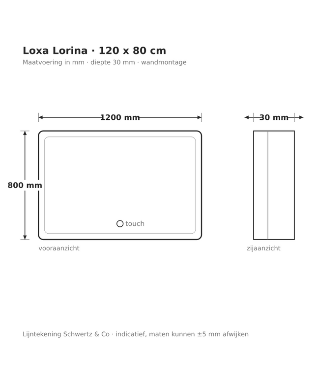 Lijntekening Loxa Lorina LED Spiegel 120 x 80 cm - Rechthoek - maatvoering in mm