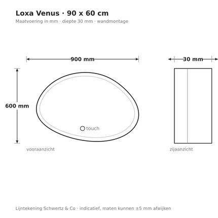 Lijntekening Loxa Venus Organische LED Spiegel 90 x 60 cm - maatvoering in mm