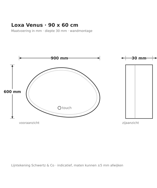 Lijntekening Loxa Venus Organische LED Spiegel 90 x 60 cm - maatvoering in mm