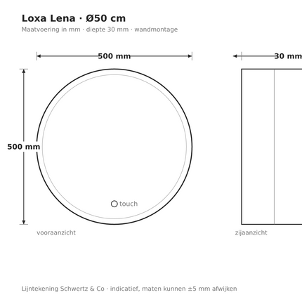Lijntekening Loxa Lena Ronde LED Spiegel Ø50 cm - maatvoering in mm