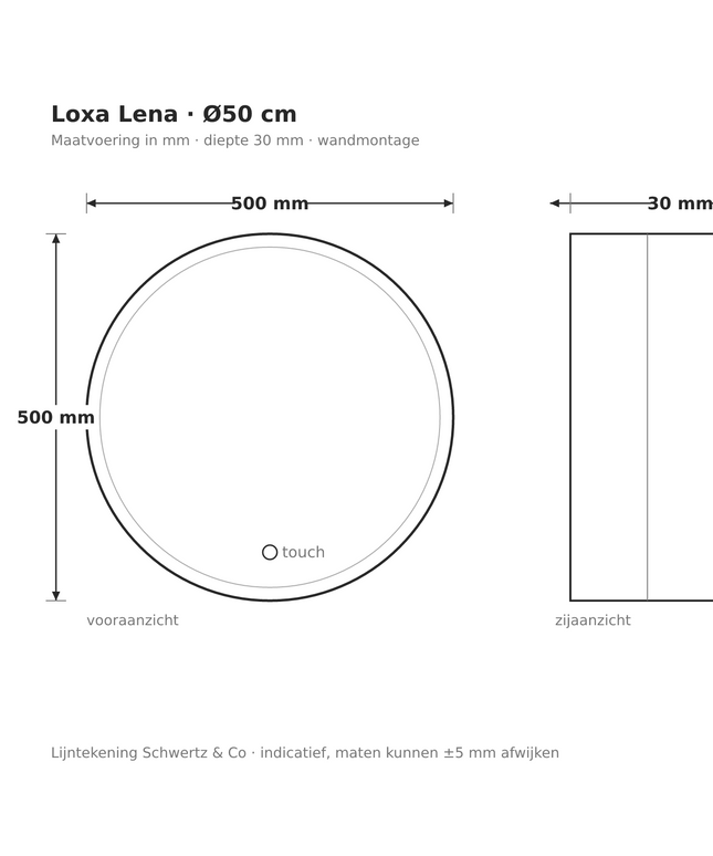 Lijntekening Loxa Lena Ronde LED Spiegel Ø50 cm - maatvoering in mm
