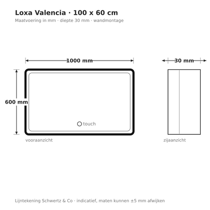 Lijntekening Loxa Valencia LED Spiegel 100 x 60 cm - Rechthoek, Zwarte Lijst - maatvoering in mm