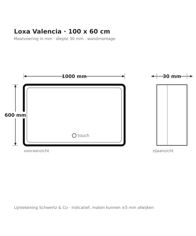 Lijntekening Loxa Valencia LED Spiegel 100 x 60 cm - Rechthoek, Zwarte Lijst - maatvoering in mm