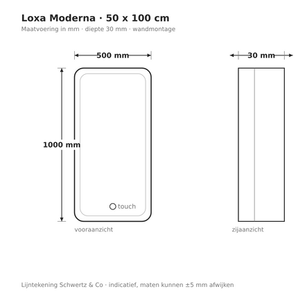 Lijntekening Loxa Moderna LED Spiegel 50 x 100 cm - Rechthoek - maatvoering in mm