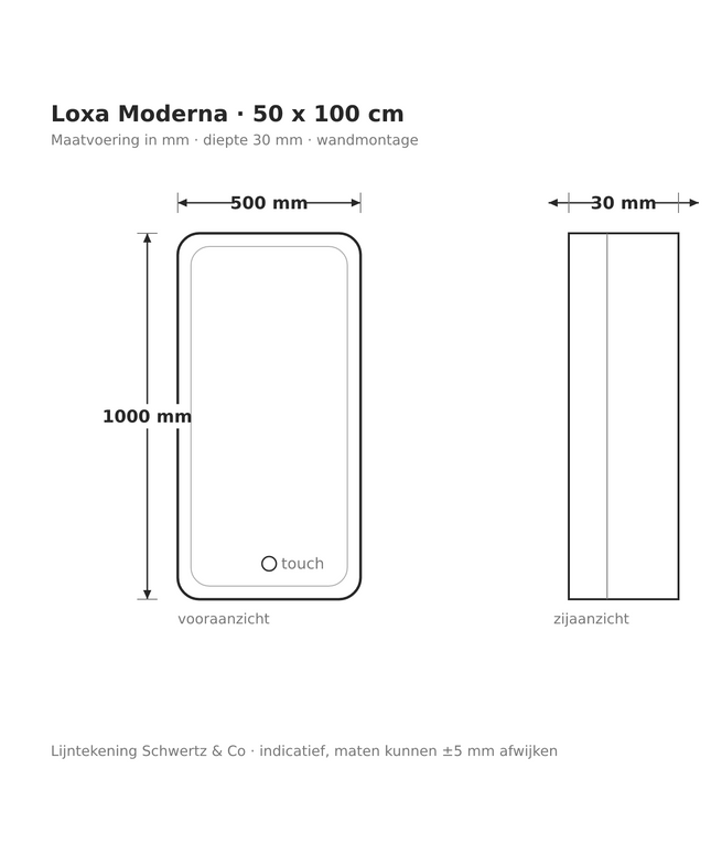 Lijntekening Loxa Moderna LED Spiegel 50 x 100 cm - Rechthoek - maatvoering in mm