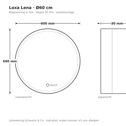 Lijntekening Loxa Lena Ronde LED Spiegel Ø60 cm - maatvoering in mm