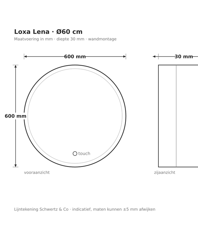 Lijntekening Loxa Lena Ronde LED Spiegel Ø60 cm - maatvoering in mm