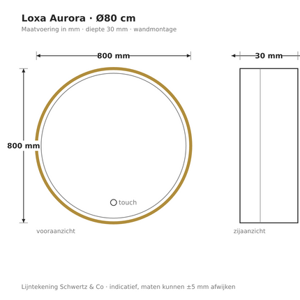 Lijntekening Loxa Aurora Ronde LED Spiegel Ø80 cm - Gouden Lijst - maatvoering in mm