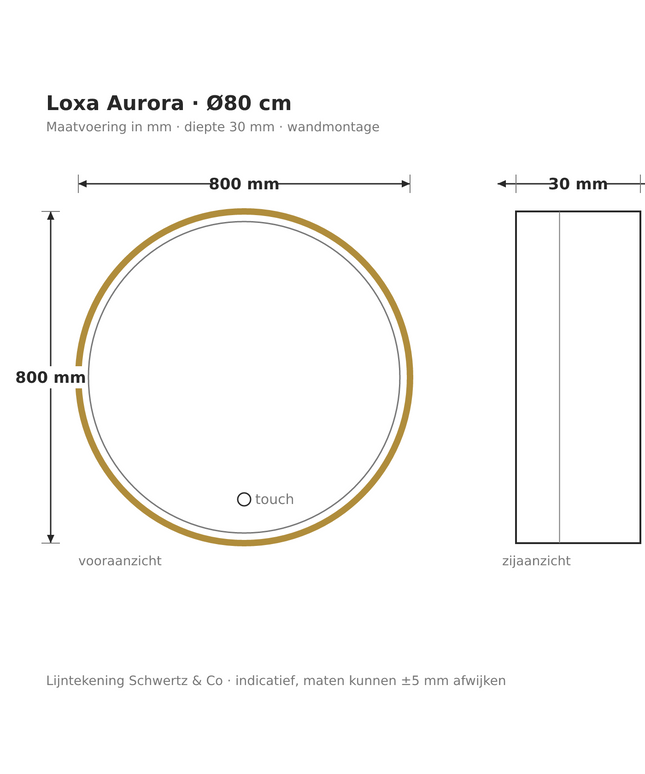 Lijntekening Loxa Aurora Ronde LED Spiegel Ø80 cm - Gouden Lijst - maatvoering in mm