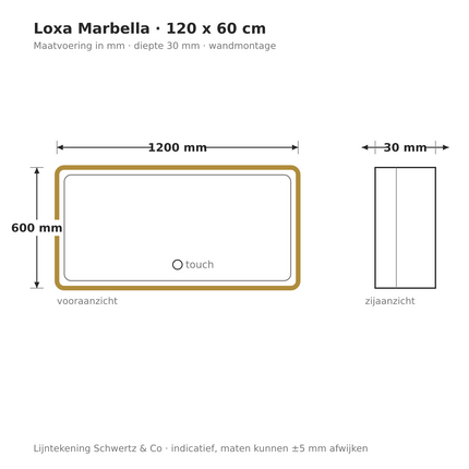 Lijntekening Loxa Marbella LED Spiegel 120 x 60 cm - Rechthoek, Gouden Lijst - maatvoering in mm