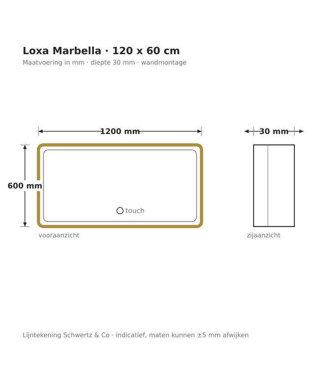 Lijntekening Loxa Marbella LED Spiegel 120 x 60 cm - Rechthoek, Gouden Lijst - maatvoering in mm