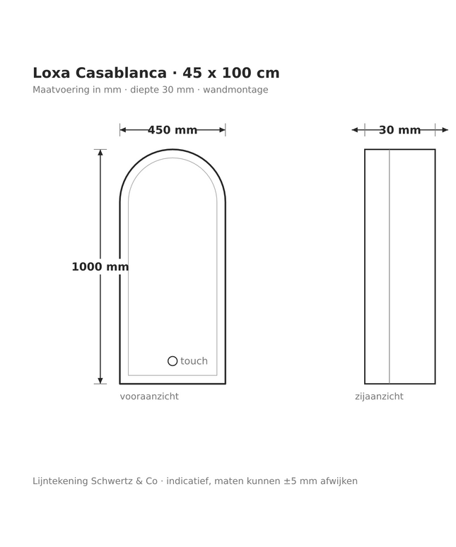 Lijntekening Loxa Casablanca LED Spiegel 45 x 100 cm - Boogvorm - maatvoering in mm