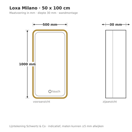 Lijntekening Loxa Milano LED Spiegel 50 x 100 cm - Rechthoek, Gouden Lijst - maatvoering in mm