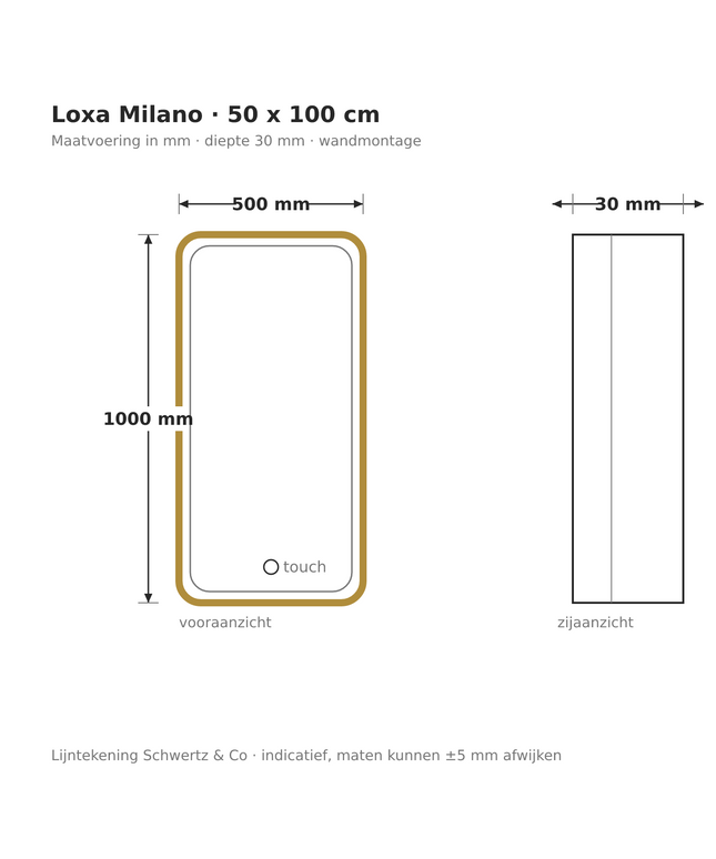 Lijntekening Loxa Milano LED Spiegel 50 x 100 cm - Rechthoek, Gouden Lijst - maatvoering in mm