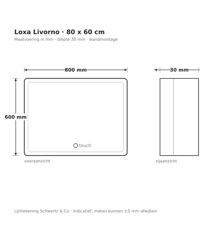 Lijntekening Loxa Livorno LED Spiegel 80 x 60 cm - Rechthoek - maatvoering in mm