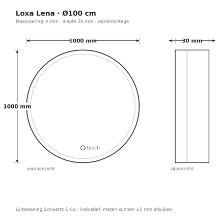 Lijntekening Loxa Lena Ronde LED Spiegel Ø100 cm - maatvoering in mm