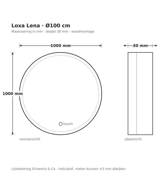 Lijntekening Loxa Lena Ronde LED Spiegel Ø100 cm - maatvoering in mm