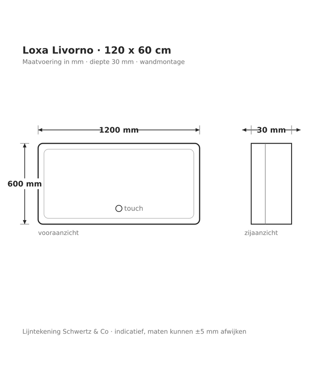Lijntekening Loxa Livorno LED Spiegel 120 x 60 cm - Rechthoek - maatvoering in mm