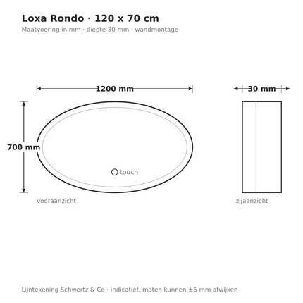Lijntekening Loxa Rondo Ovale LED Spiegel 120 x 70 cm - maatvoering in mm