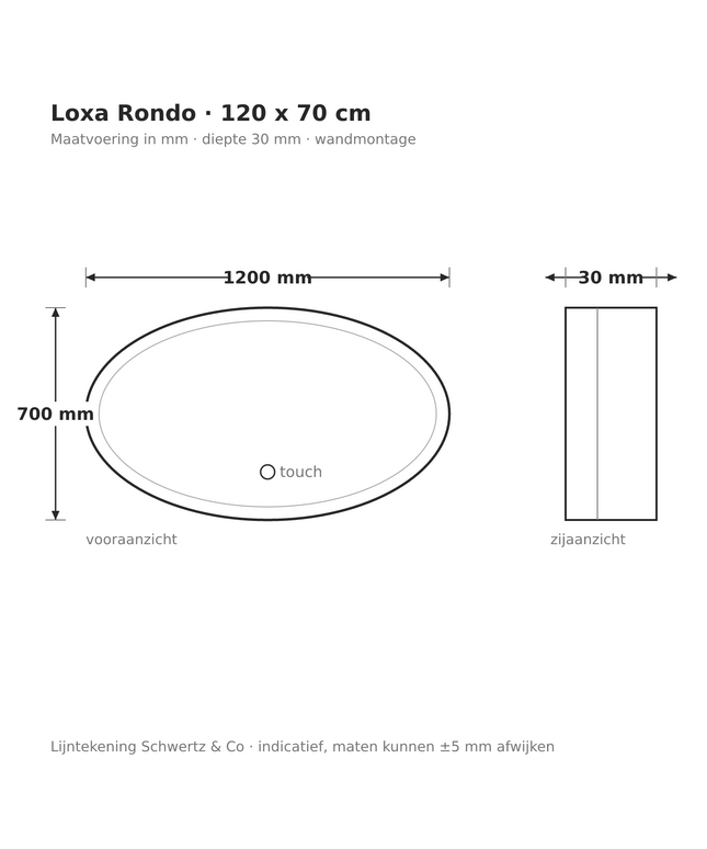 Lijntekening Loxa Rondo Ovale LED Spiegel 120 x 70 cm - maatvoering in mm