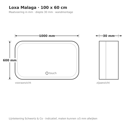 Lijntekening Loxa Malaga LED Spiegel 100 x 60 cm - Rechthoek - maatvoering in mm