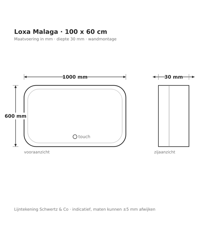 Lijntekening Loxa Malaga LED Spiegel 100 x 60 cm - Rechthoek - maatvoering in mm