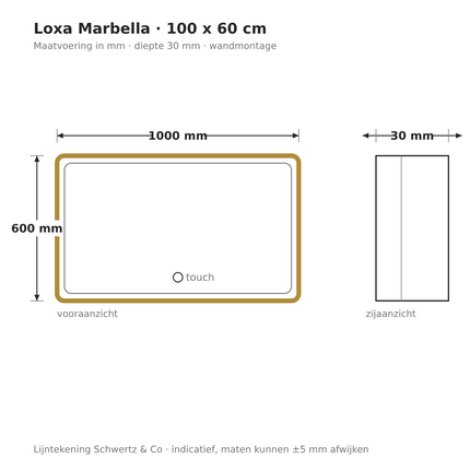 Lijntekening Loxa Marbella LED Spiegel 100 x 60 cm - Rechthoek, Gouden Lijst - maatvoering in mm