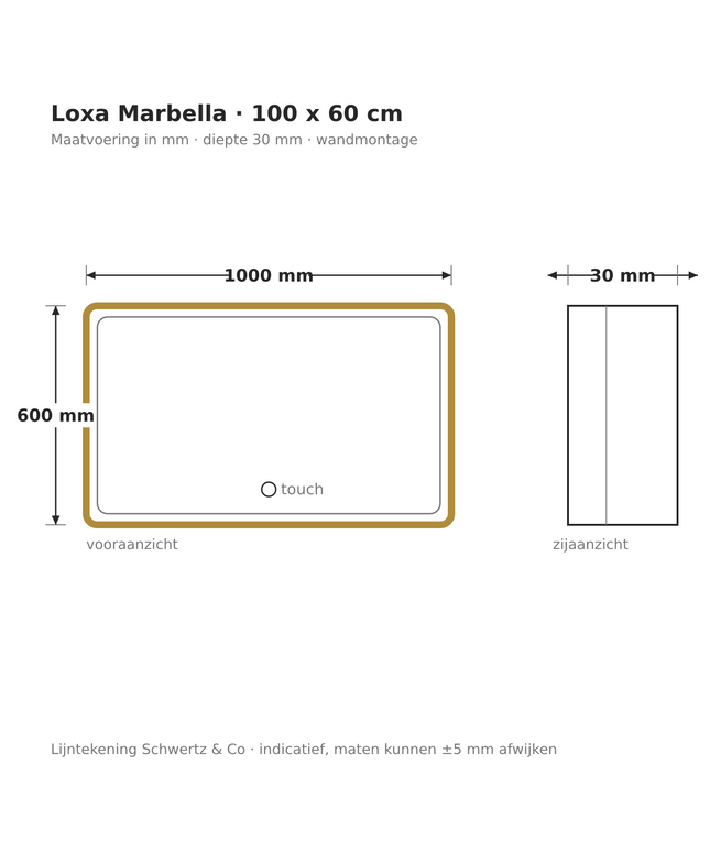 Lijntekening Loxa Marbella LED Spiegel 100 x 60 cm - Rechthoek, Gouden Lijst - maatvoering in mm