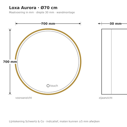 Lijntekening Loxa Aurora Ronde LED Spiegel Ø70 cm - Gouden Lijst - maatvoering in mm