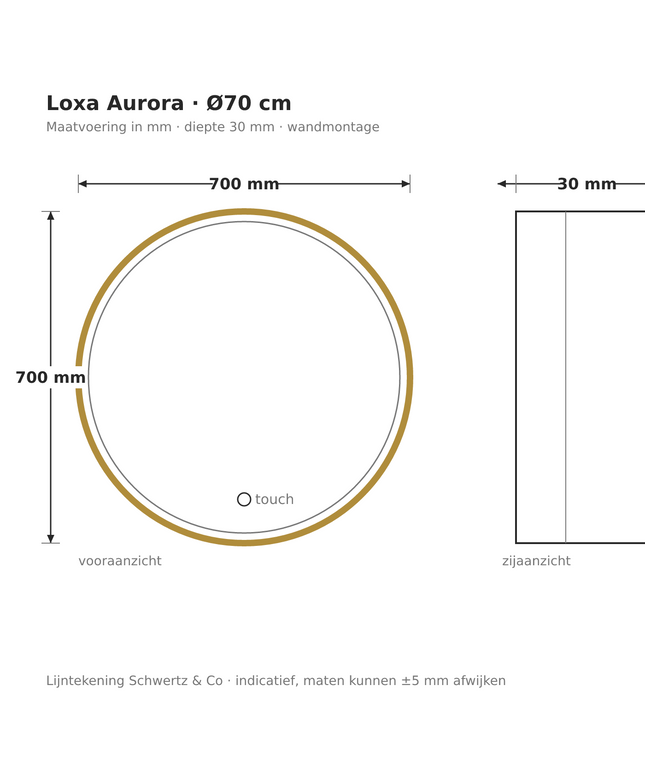 Lijntekening Loxa Aurora Ronde LED Spiegel Ø70 cm - Gouden Lijst - maatvoering in mm