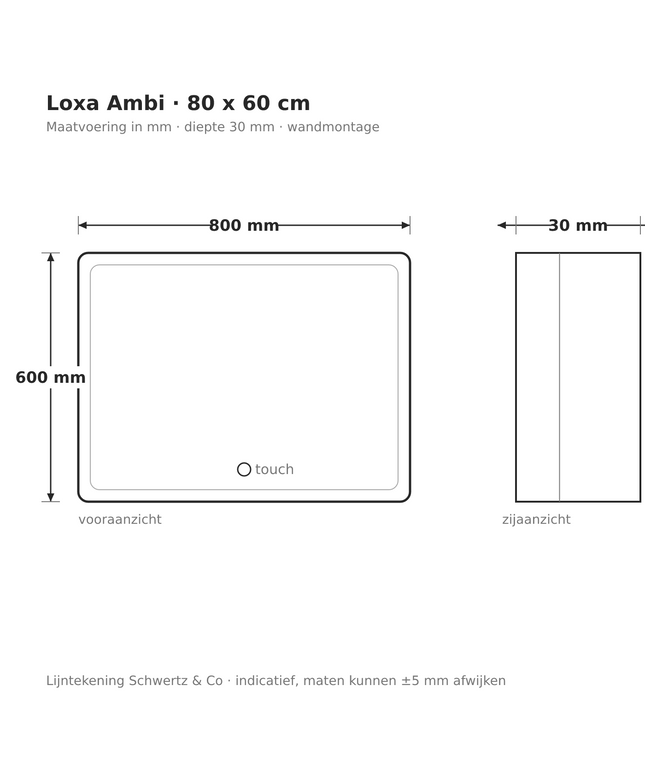 Lijntekening Loxa Ambi LED Spiegel 80 x 60 cm - Rechthoek - maatvoering in mm