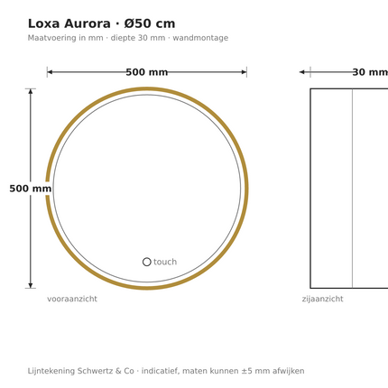 Lijntekening Loxa Aurora Ronde LED Spiegel Ø50 cm - Gouden Lijst - maatvoering in mm