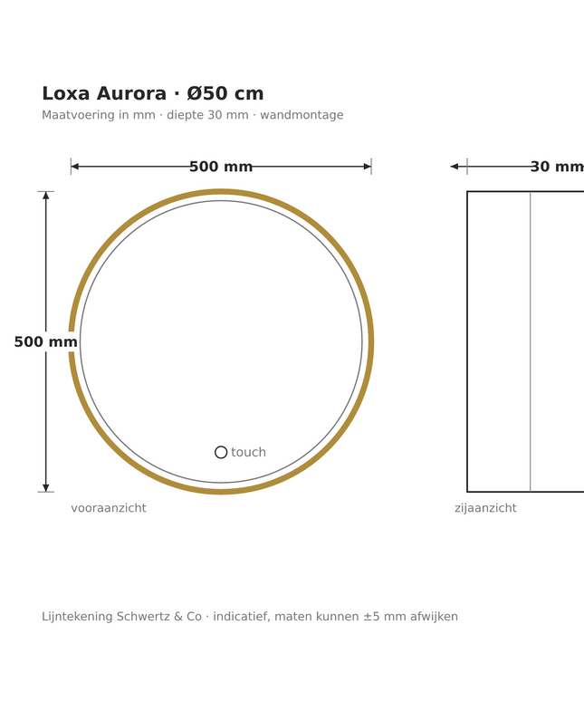 Lijntekening Loxa Aurora Ronde LED Spiegel Ø50 cm - Gouden Lijst - maatvoering in mm