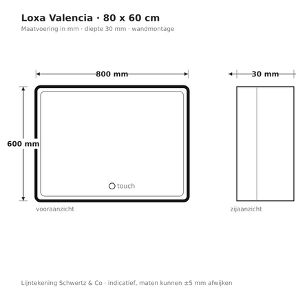 Lijntekening Loxa Valencia LED Spiegel 80 x 60 cm - Rechthoek, Zwarte Lijst - maatvoering in mm