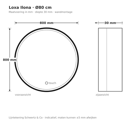 Lijntekening Loxa Ilona Ronde LED Spiegel Ø80 cm - Zwarte Lijst - maatvoering in mm