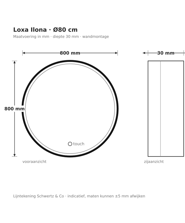Lijntekening Loxa Ilona Ronde LED Spiegel Ø80 cm - Zwarte Lijst - maatvoering in mm