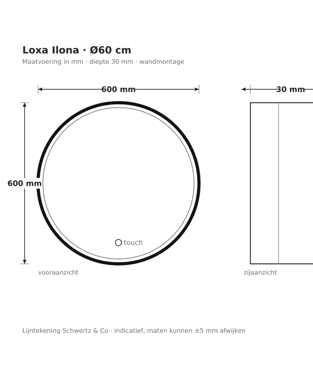 Lijntekening Loxa Ilona Ronde LED Spiegel Ø60 cm - Zwarte Lijst - maatvoering in mm