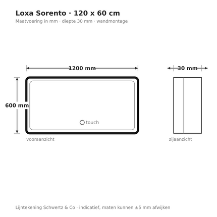 Lijntekening Loxa Sorento LED Spiegel 120 x 60 cm - Rechthoek, Zwarte Lijst - maatvoering in mm